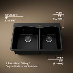 Kohler Kennon 33'' top-/undermount double-bowl kitchen sink - Matte Black - image 3