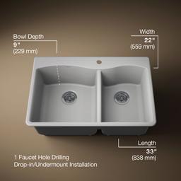 Kohler Kennon 33'' top-/undermount double-bowl kitchen sink - Matte Grey - image 3