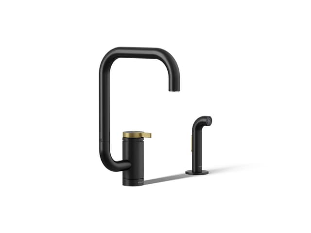 Kohler Components Single-handle kitchen sink faucet with two-function extended-reach spout and side sprayer - Matte Black With Brushed Moderne Brass