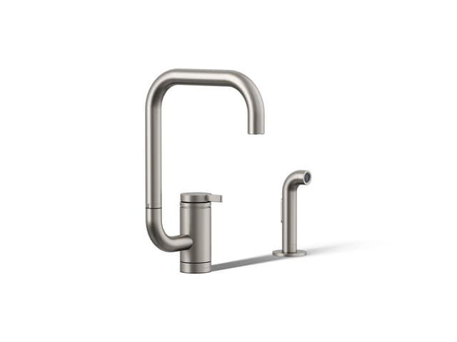 Kohler Components Single-handle kitchen sink faucet with two-function extended-reach spout and side sprayer - Vibrant Stainless
