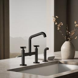 BilletE Two-hole bridge kitchen sink faucet with side sprayer - Matte Black - image 2