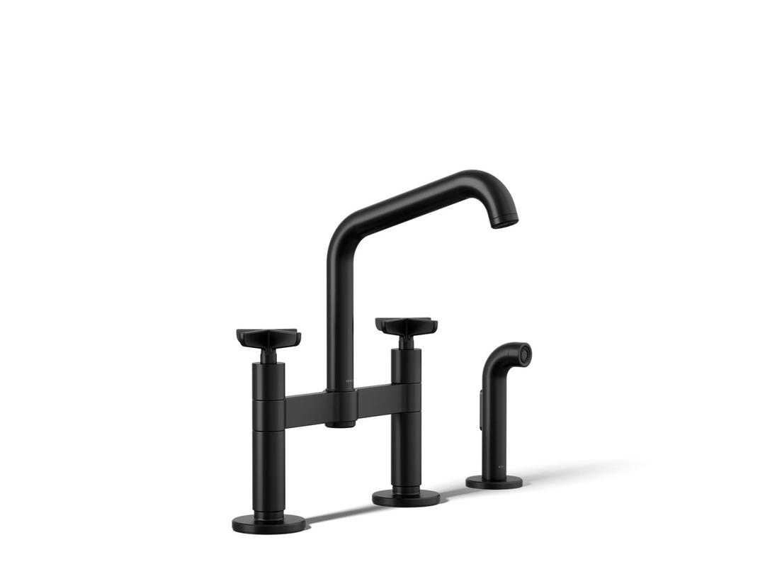 BilletE Two-hole bridge kitchen sink faucet with side sprayer - Matte Black by Kohler