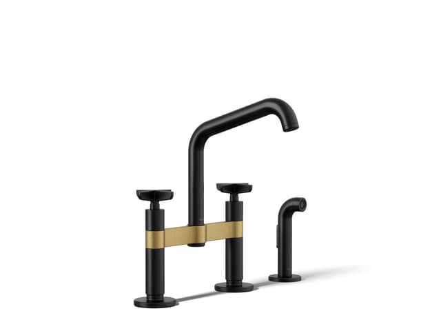 Kohler BilletE Two-hole bridge kitchen sink faucet with side sprayer - Matte Black With Brushed Moderne Brass