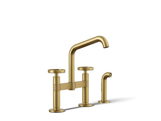 Kohler BilletE Two-hole bridge kitchen sink faucet with side sprayer - Vibrant Brushed Moderne Brass