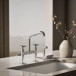 BilletE Two-hole bridge kitchen sink faucet with side sprayer - Polished Chrome - image 2