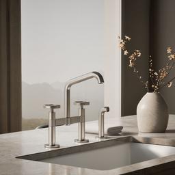BilletE Two-hole bridge kitchen sink faucet with side sprayer - Vibrant Stainless - image 2