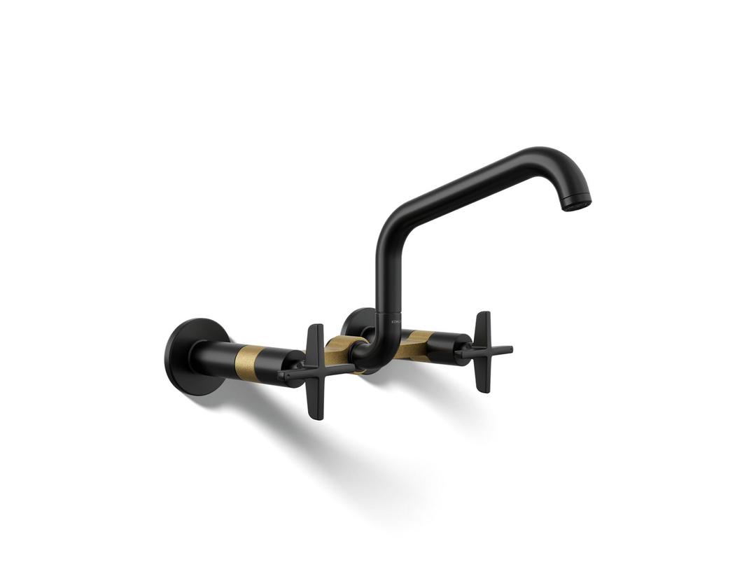 BilletE Two-hole wall-mount bridge kitchen sink faucet - Matte Black With Brushed Moderne Brass by Kohler