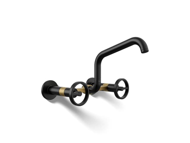 Kohler BilletE Two-hole wall-mount bridge kitchen sink faucet - Matte Black With Brushed Moderne Brass