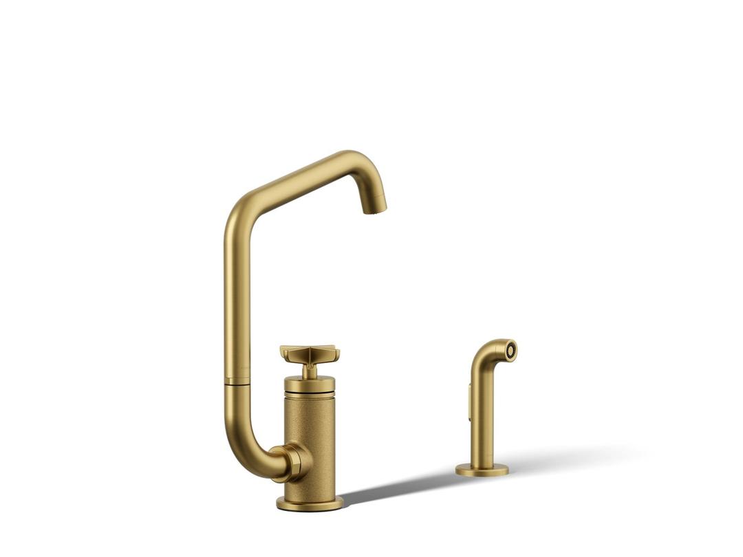 BilletE Single-handle kitchen sink faucet with two-function extended-reach spout and side sprayer - Vibrant Brushed Moderne Brass by Kohler