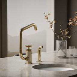 BilletE Single-handle kitchen sink faucet with two-function extended-reach spout and side sprayer - Vibrant French Gold - image 2
