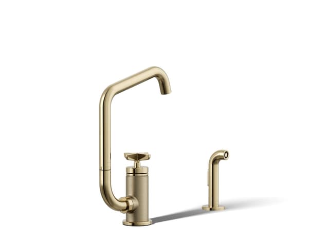 Kohler BilletE Single-handle kitchen sink faucet with two-function extended-reach spout and side sprayer - Vibrant French Gold