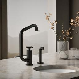 BilletE Single-handle kitchen sink faucet with two-function extended-reach spout and side sprayer - Matte Black - image 2