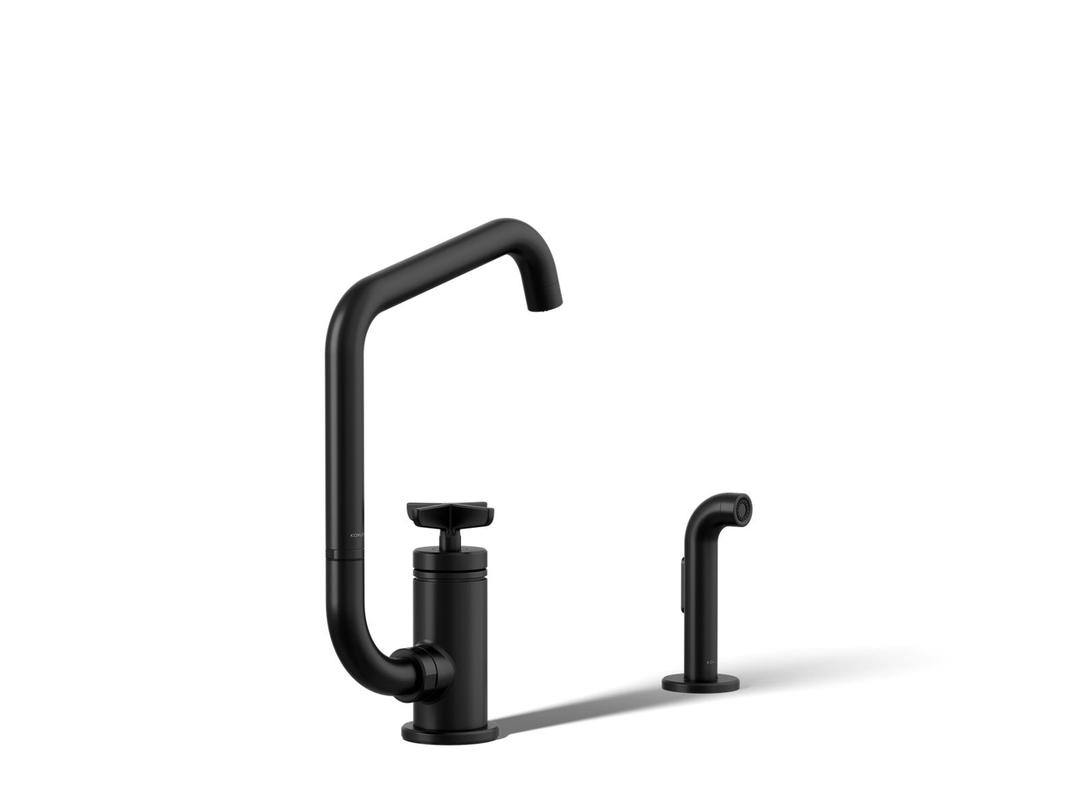 BilletE Single-handle kitchen sink faucet with two-function extended-reach spout and side sprayer - Matte Black by Kohler