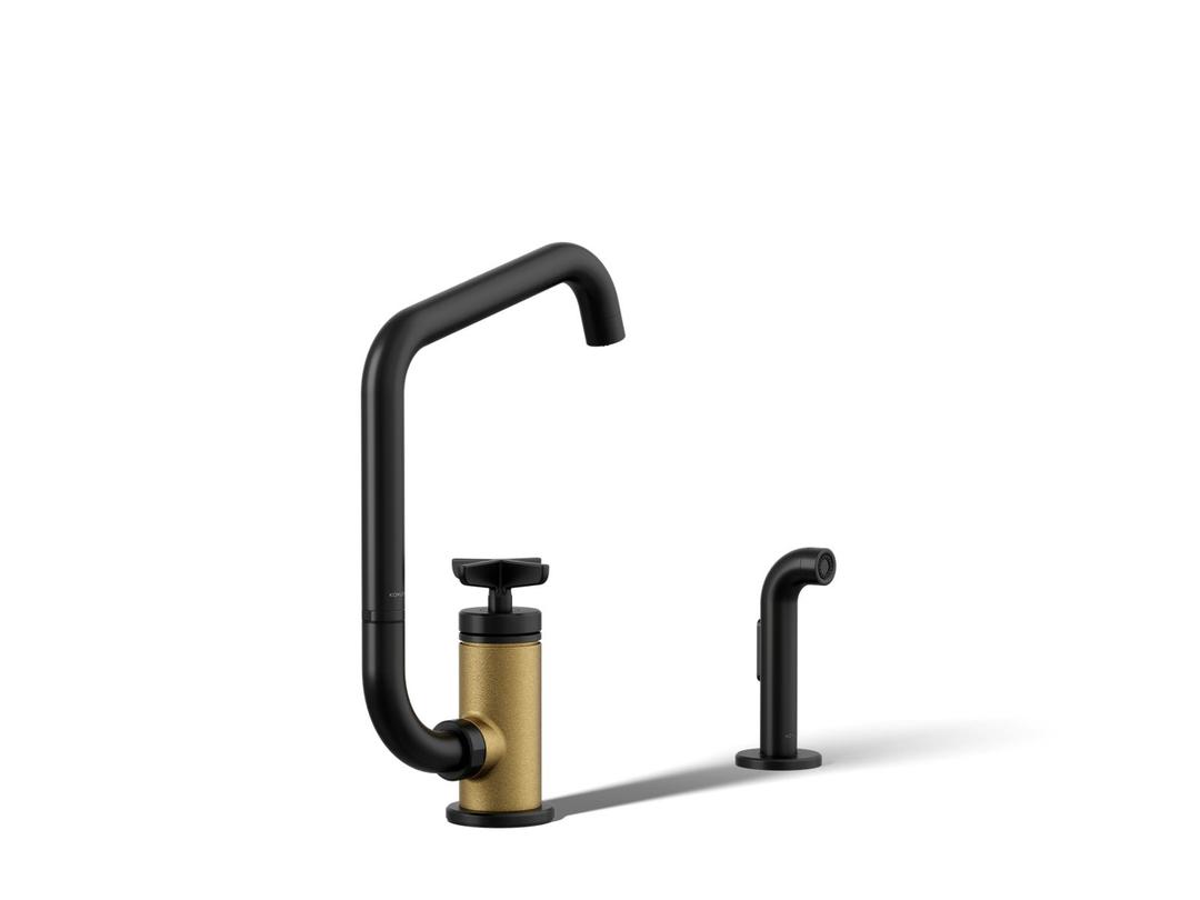 BilletE Single-handle kitchen sink faucet with two-function extended-reach spout and side sprayer - Matte Black With Brushed Moderne Brass by Kohler