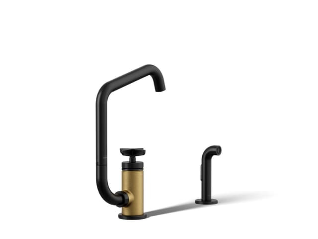Kohler BilletE Single-handle kitchen sink faucet with two-function extended-reach spout and side sprayer - Matte Black With Brushed Moderne Brass
