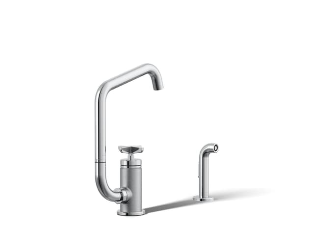 Kohler BilletE Single-handle kitchen sink faucet with two-function extended-reach spout and side sprayer - Polished Chrome