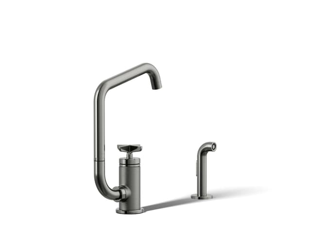 Kohler BilletE Single-handle kitchen sink faucet with two-function extended-reach spout and side sprayer - Vibrant Titanium
