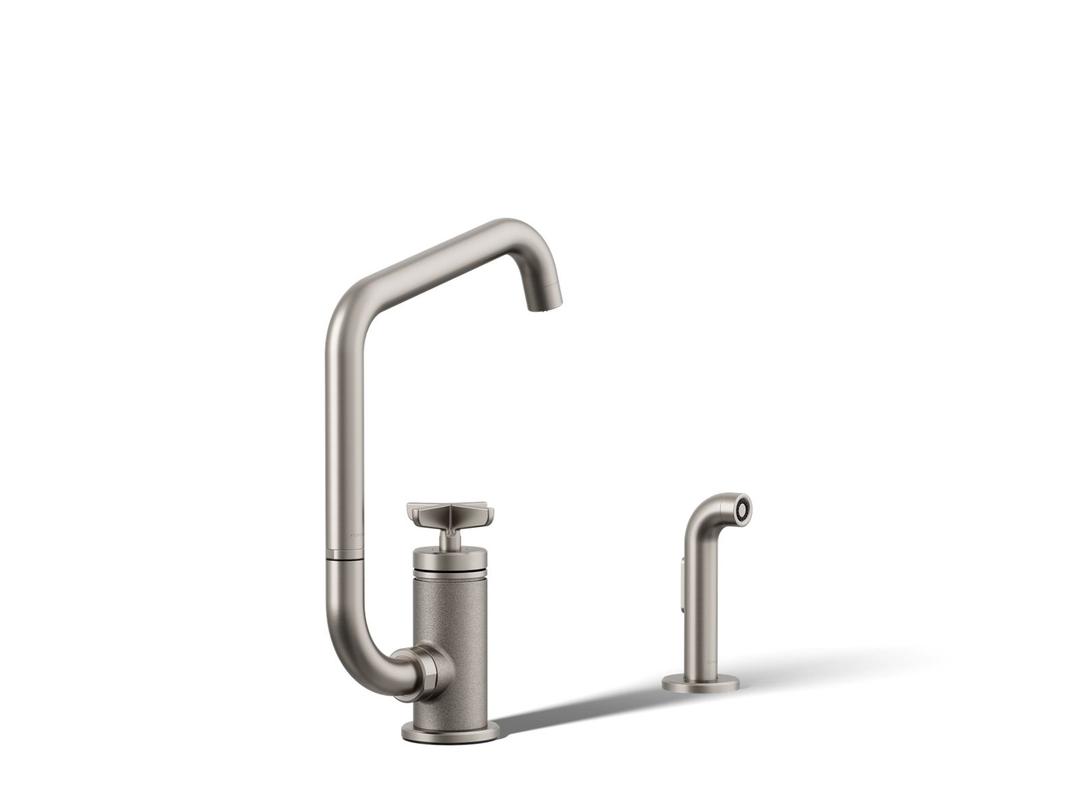 BilletE Single-handle kitchen sink faucet with two-function extended-reach spout and side sprayer - Vibrant Stainless by Kohler