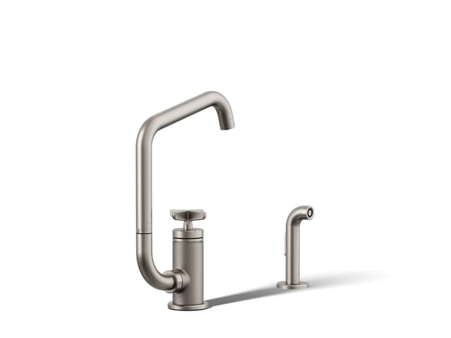 Kohler BilletE Single-handle kitchen sink faucet with two-function extended-reach spout and side sprayer - Vibrant Stainless
