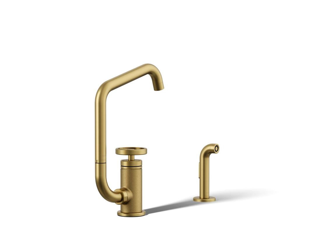 BilletE Single-handle kitchen sink faucet with two-function extended-reach spout and side sprayer - Vibrant Brushed Moderne Brass by Kohler