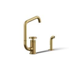 BilletE Single-handle kitchen sink faucet with two-function extended-reach spout and side sprayer - Vibrant Brushed Moderne Brass - image 1