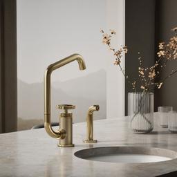 BilletE Single-handle kitchen sink faucet with two-function extended-reach spout and side sprayer - Vibrant French Gold - image 2