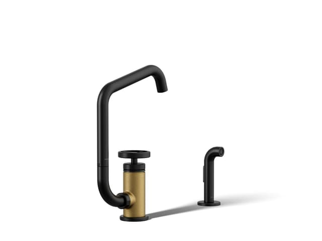 Kohler BilletE Single-handle kitchen sink faucet with two-function extended-reach spout and side sprayer - Matte Black With Brushed Moderne Brass