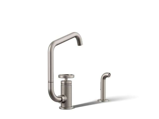Kohler BilletE Single-handle kitchen sink faucet with two-function extended-reach spout and side sprayer - Vibrant Stainless