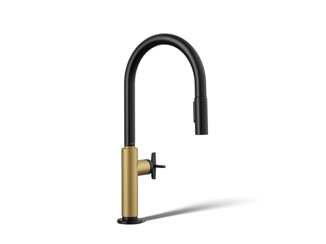 Kohler BilletE Pull-down kitchen sink faucet with two-function sprayhead - Matte Black With Brushed Moderne Brass