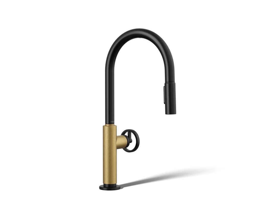BilletE Touchless pull-down kitchen sink faucet with two-function sprayhead - Matte Black With Brushed Moderne Brass by Kohler