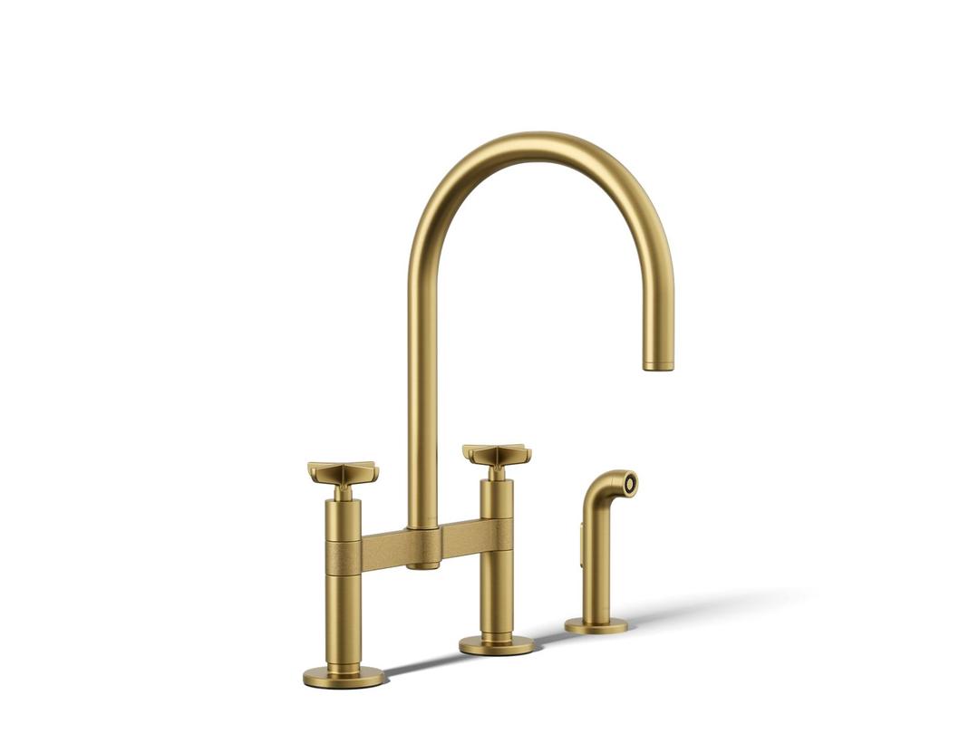 BilletE Two-hole bridge kitchen sink faucet with side sprayer - Vibrant Brushed Moderne Brass by Kohler