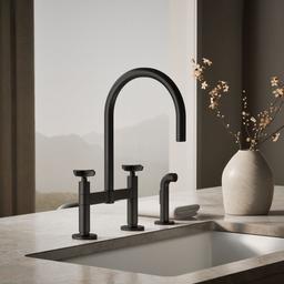 BilletE Two-hole bridge kitchen sink faucet with side sprayer - Matte Black - image 2