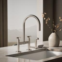 BilletE Two-hole bridge kitchen sink faucet with side sprayer - Vibrant Stainless - image 2