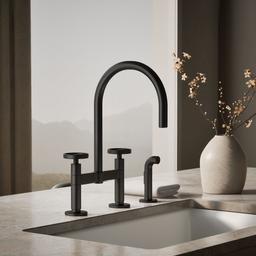 BilletE Two-hole bridge kitchen sink faucet with side sprayer - Matte Black - image 2