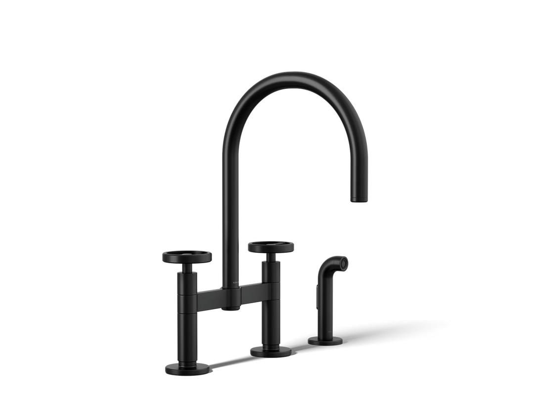 BilletE Two-hole bridge kitchen sink faucet with side sprayer - Matte Black by Kohler