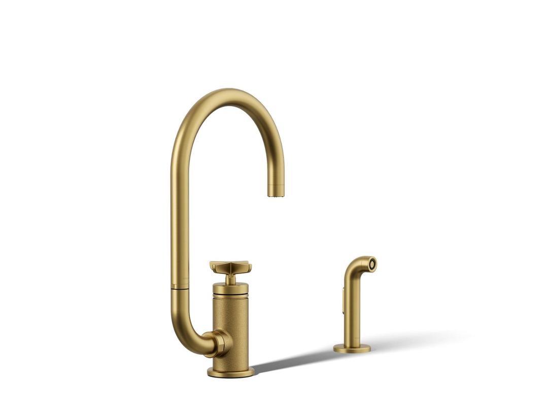BilletE Single-handle kitchen sink faucet with two-function extended-reach spout and side sprayer - Vibrant Brushed Moderne Brass by Kohler