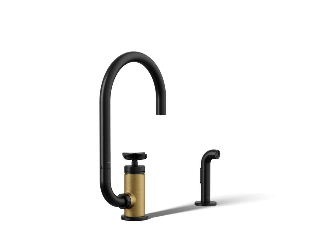 BilletE Single-handle kitchen sink faucet with two-function extended-reach spout and side sprayer - Matte Black With Brushed Moderne Brass by Kohler