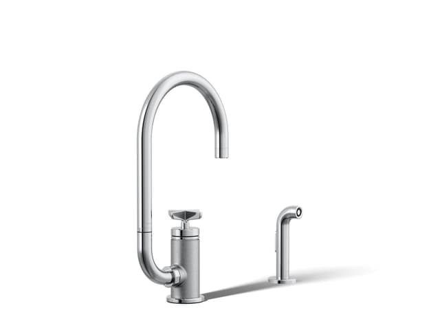 Kohler BilletE Single-handle kitchen sink faucet with two-function extended-reach spout and side sprayer - Polished Chrome