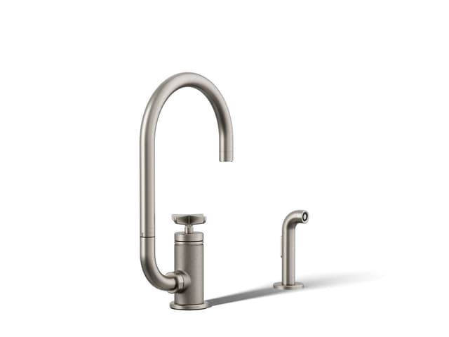 Kohler BilletE Single-handle kitchen sink faucet with two-function extended-reach spout and side sprayer - Vibrant Stainless
