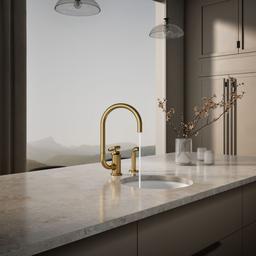 BilletE Single-handle kitchen sink faucet with two-function extended-reach spout and side sprayer - Vibrant Brushed Moderne Brass - image 4