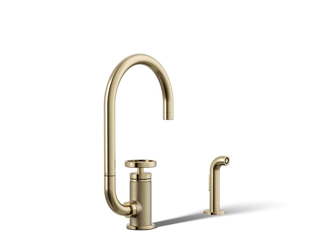 BilletE Single-handle kitchen sink faucet with two-function extended-reach spout and side sprayer - Vibrant French Gold by Kohler