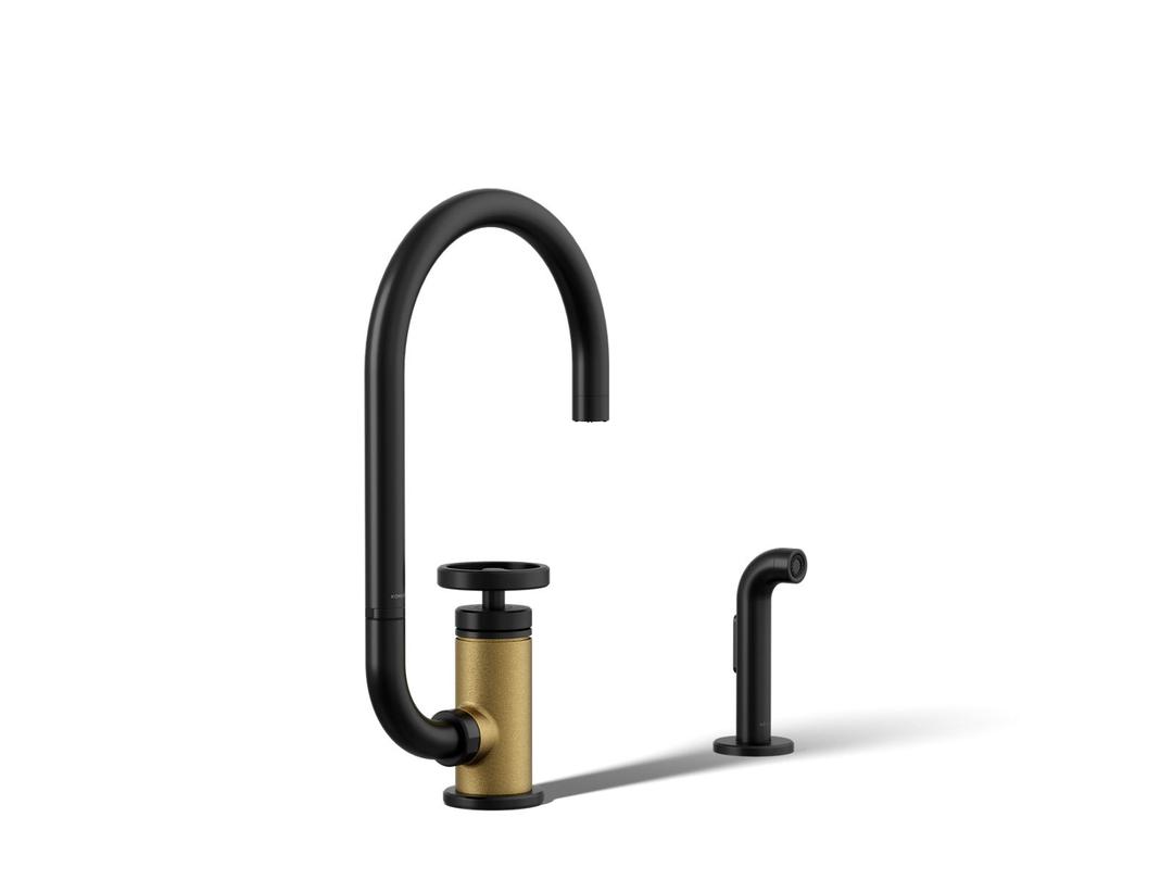 BilletE Single-handle kitchen sink faucet with two-function extended-reach spout and side sprayer - Matte Black With Brushed Moderne Brass by Kohler