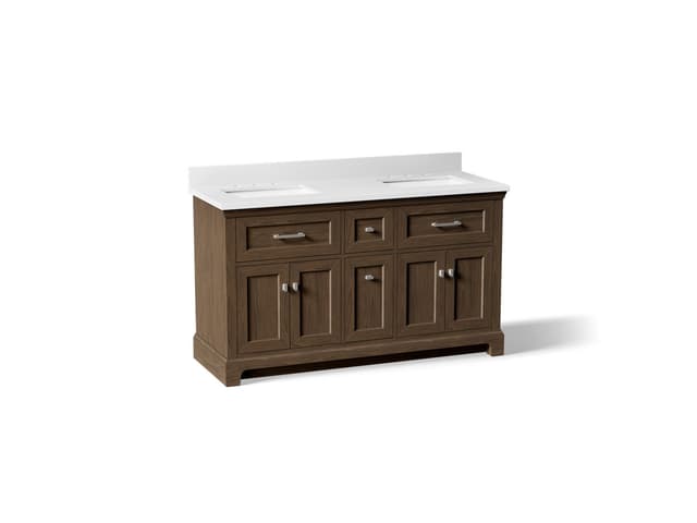 Kohler 60'' bathroom vanity cabinet with sinks and quartz top - Draper Oak