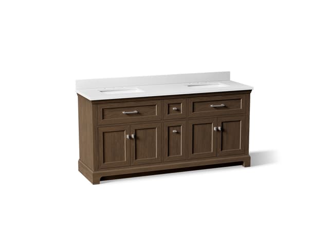 Kohler 72'' bathroom vanity cabinet with sinks and quartz top - Draper Oak