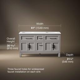 Kohler Quo 60'' bathroom vanity cabinet with sinks and quartz top - Mohair Grey - image 3