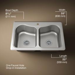 Kohler StaccatoE 33'' top-mount double-bowl kitchen sink - Stainless Steel - image 3