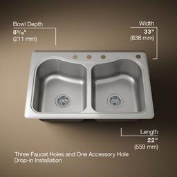 Kohler StaccatoE 33'' top-mount double-bowl kitchen sink - Stainless Steel - image 3
