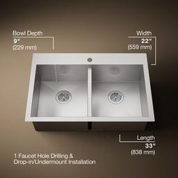Kohler VaultE 33'' top-/undermount double-bowl kitchen sink - Stainless Steel - image 3