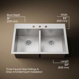 Kohler VaultE 33'' top-/undermount double-bowl kitchen sink - Stainless Steel - image 3