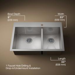 Kohler VaultE 33'' top-/undermount double-bowl kitchen sink - Stainless Steel - image 3